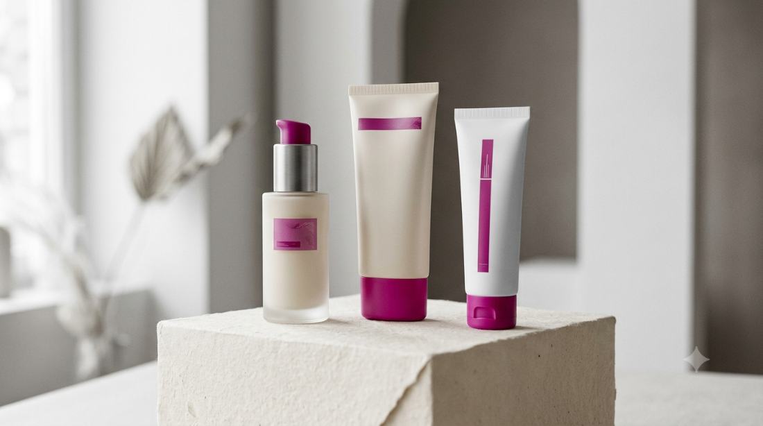 Tres envases de dermocosmética sobre un podio de papel